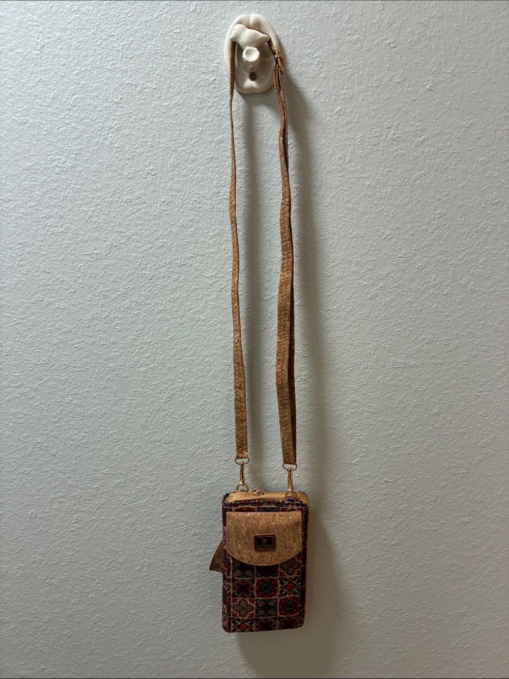 Portuguese Cork Crossbody Phone Bag with Multicolor Tile Pattern